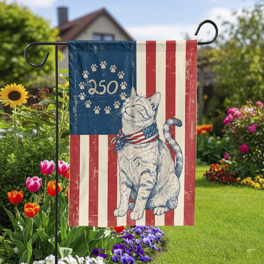 250th Anniversary Patriotic Cat Garden Flag | Vintage USA Flag Illustration | Double Sided Weatherproof Yard Decor | Commemorative Gift for Cat Lovers