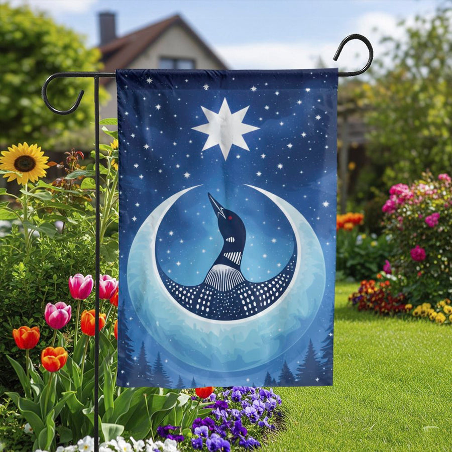 Celestial Loon Garden Flag | Loon on Crescent Moon Art | Weather-Resistant Polyester | Premium Outdoor Yard Decor Gift for Bird Lovers