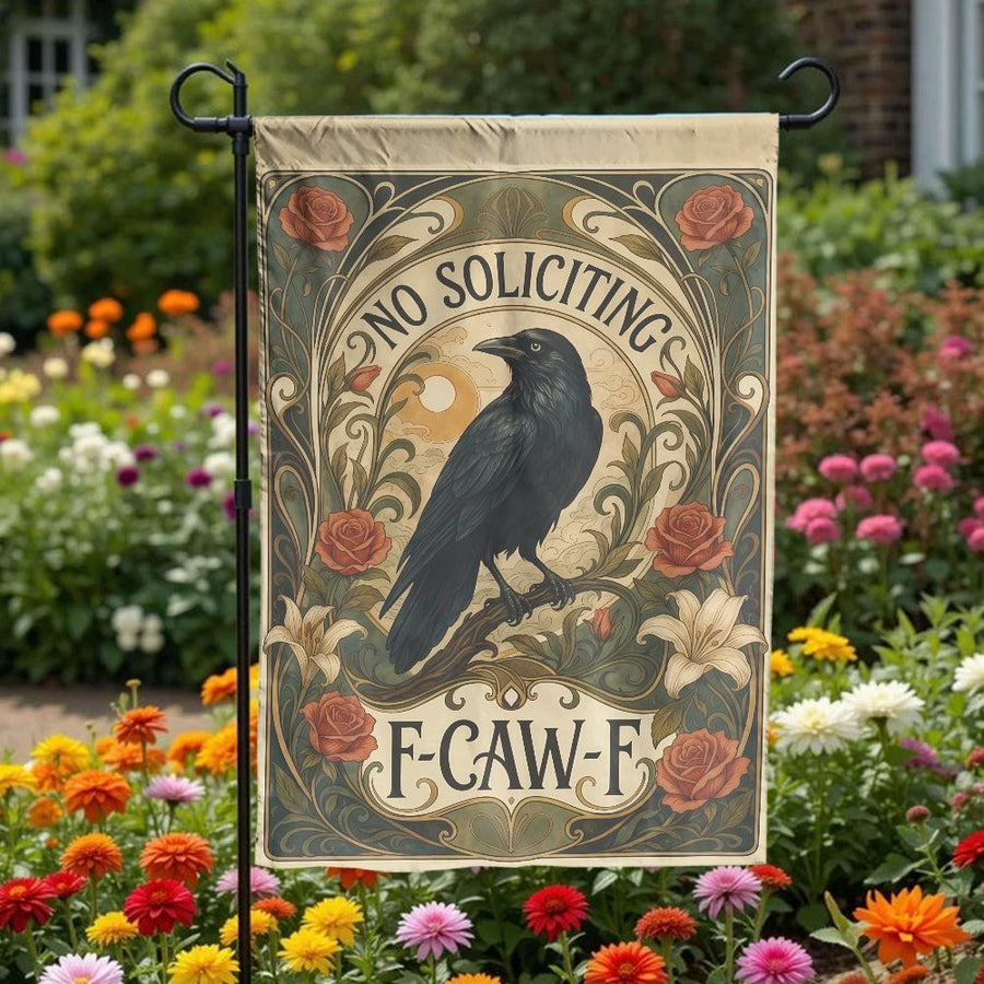 No Soliciting Garden Flag | Funny Raven Art Nouveau Design | Double Sided Premium Fabric | Humorous Outdoor Yard Decor Gift