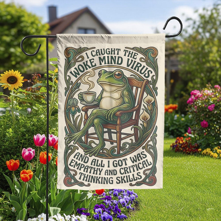 Woke Mind Virus Garden Flag | Funny Frog With Coffee Illustration | Double Sided Weather Resistant | Outdoor Yard Decor Gift