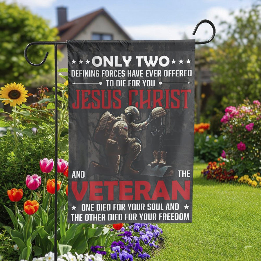 Christian Veteran Garden Flag | Patriotic Kneeling Soldier Memorial | Double-Sided Premium Polyester | Gift for Military Families