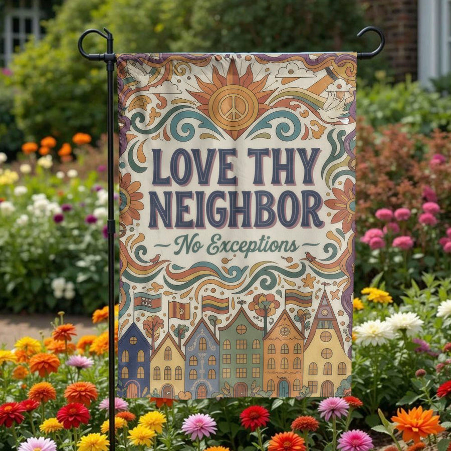Love Thy Neighbor Garden Flag | Vintage 70s Hippie Welcome Sign | Double Sided Weather Resistant | Premium Inclusive Porch Decor Gift