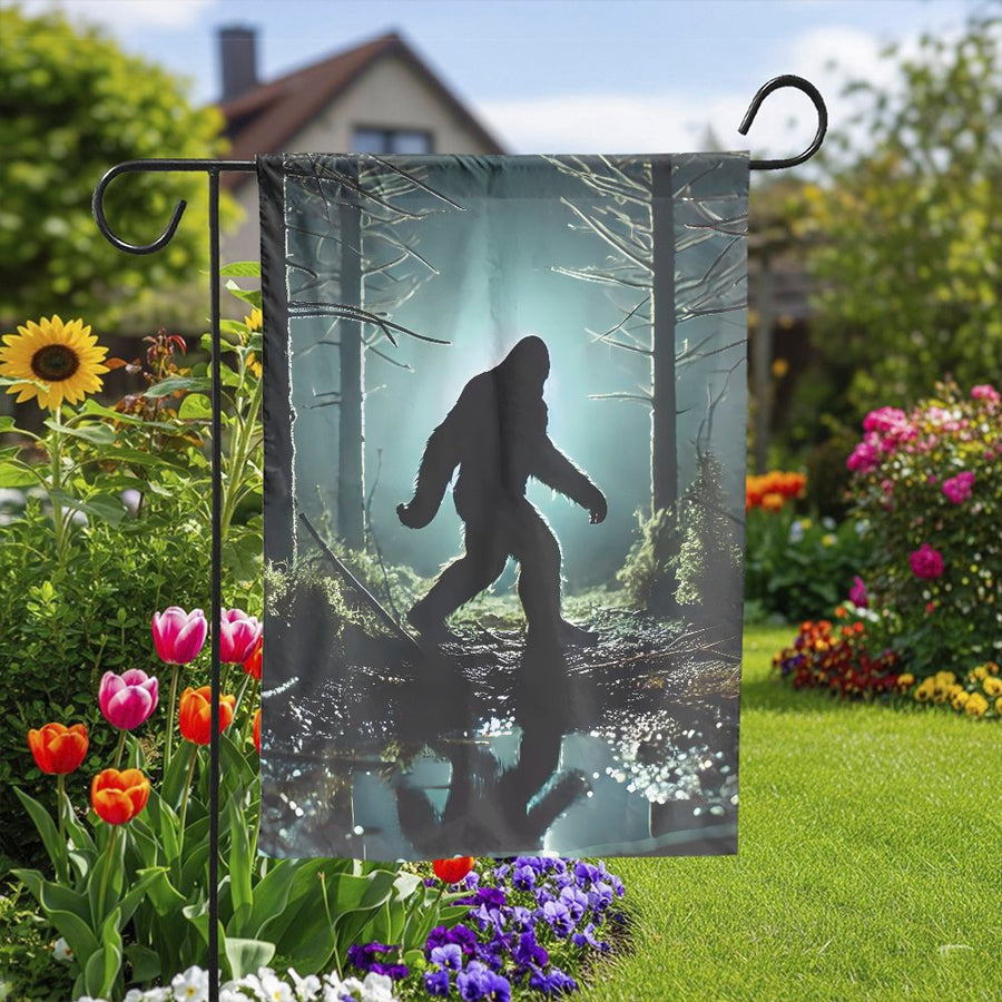Bigfoot Garden Flag | Mysterious Forest Silhouette | Weather-Resistant Polyester | Unique Yard Art Gift for Cryptid Lover
