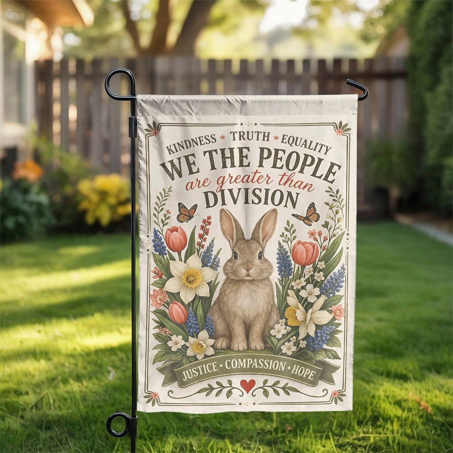 We The People Garden Flag | Cute Bunny with Spring Flowers | Double Sided Polyester Fabric | Political Unity & Kindness Yard Decor Gift