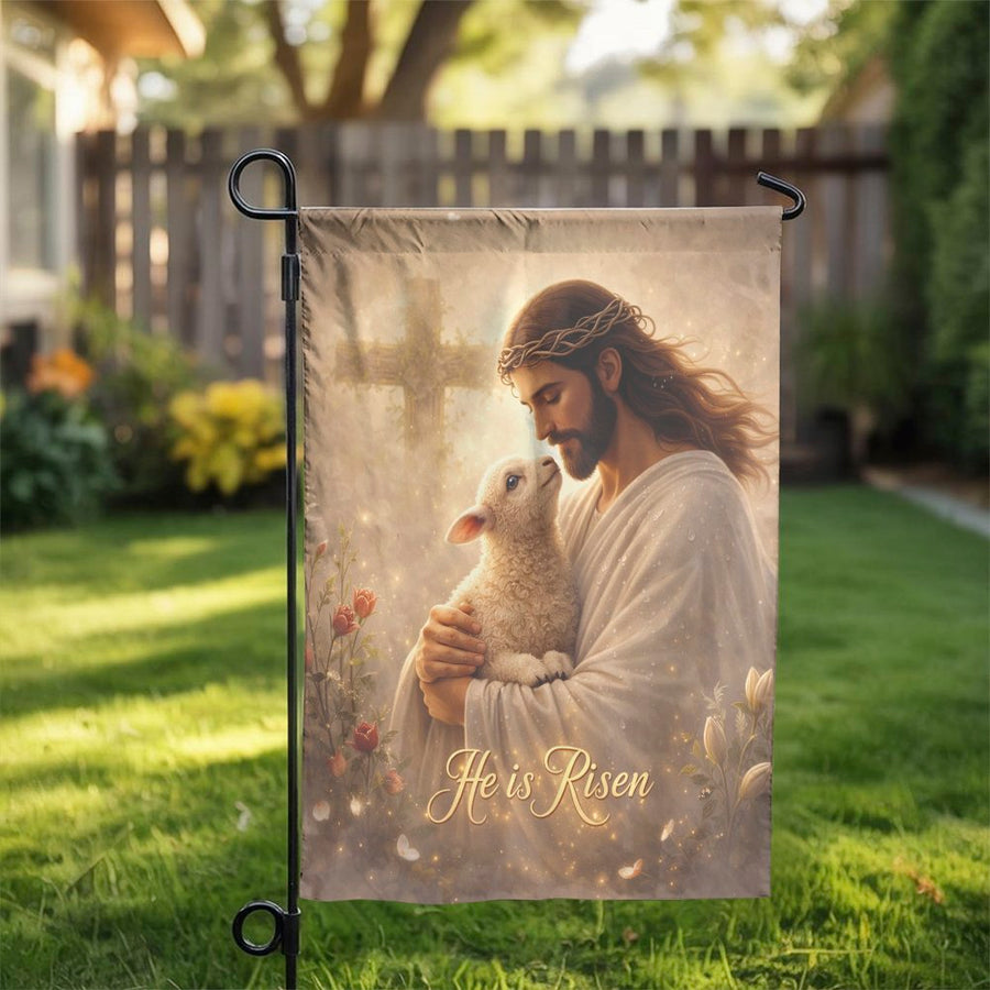 He is Risen Garden Flag | Jesus Holding Lamb with Cross Art | Weather-Resistant Double Sided | Christian Easter Home Decor Gift