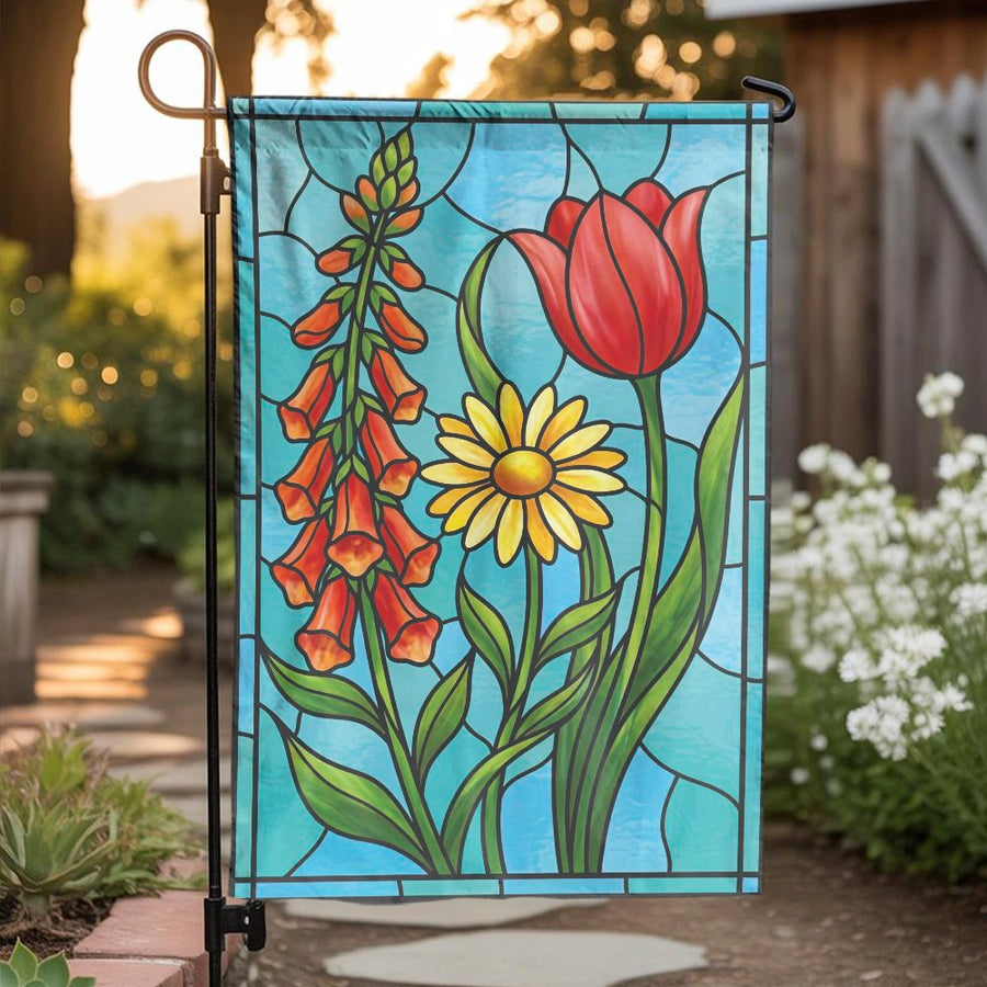 Floral Garden Flag with Stained Glass Art | Vibrant Tulip & Daisy Design | Premium Weather-Resistant Fabric | Double Sided Yard Decor Gift for Gardeners