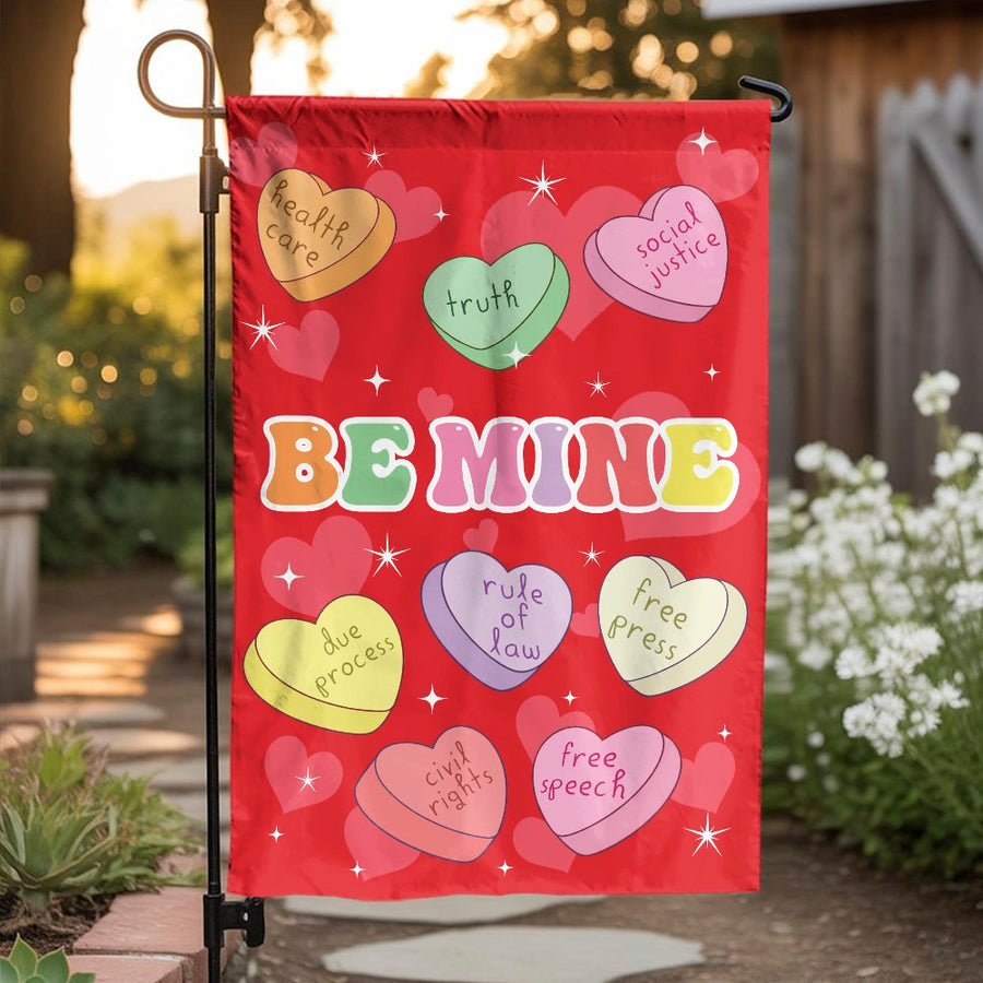 Political Valentine's Garden Flag | Social Justice Conversation Hearts | Double-Sided Weatherproof Fabric | Premium Progressive Yard Decor