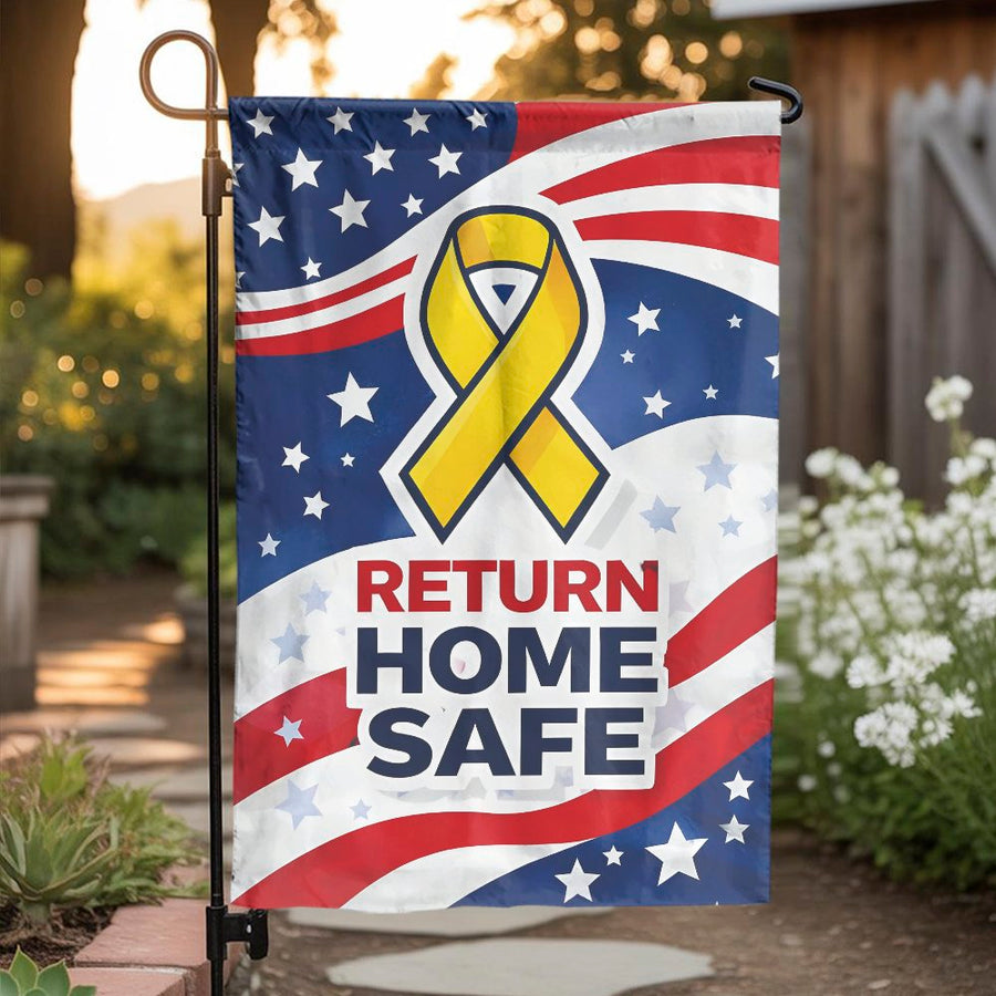 Support Our Troops Garden Flag | Yellow Ribbon Return Home Safe Design | Double-Sided Weather Resistant Polyester | Patriotic Yard Decor for Military Families