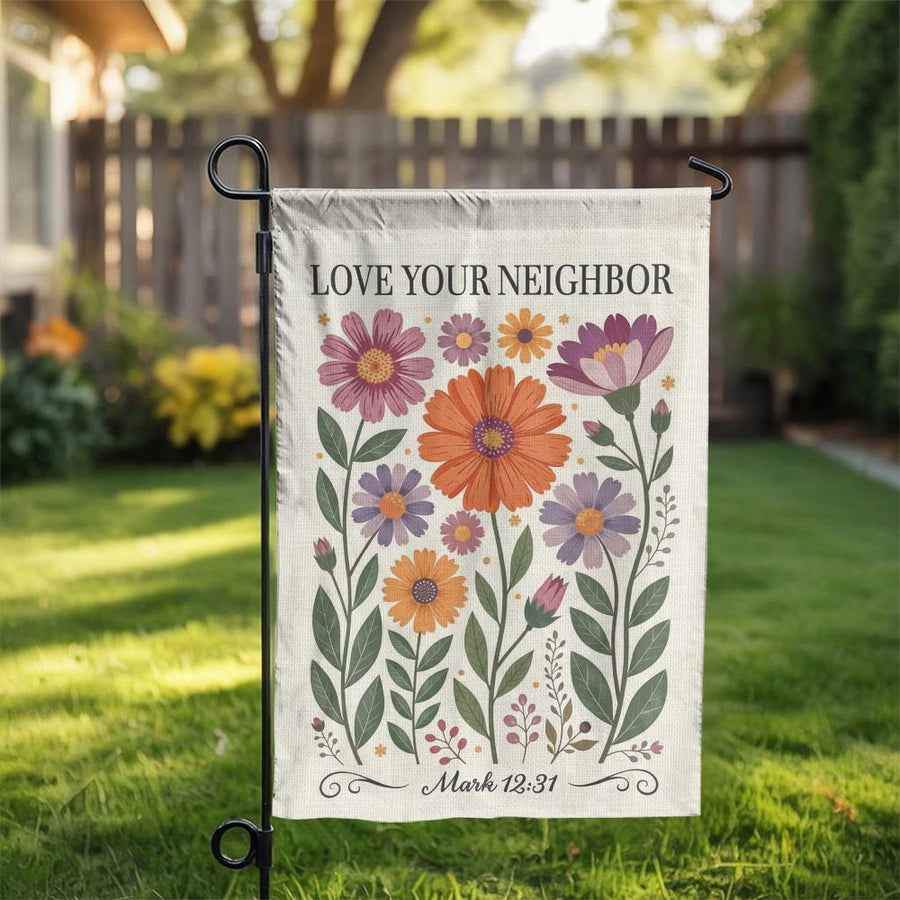 Love Your Neighbor Garden Flag | Mark 12:31 Bible Verse Art | Double Sided Premium Polyester | Inspirational Christian Home Gift