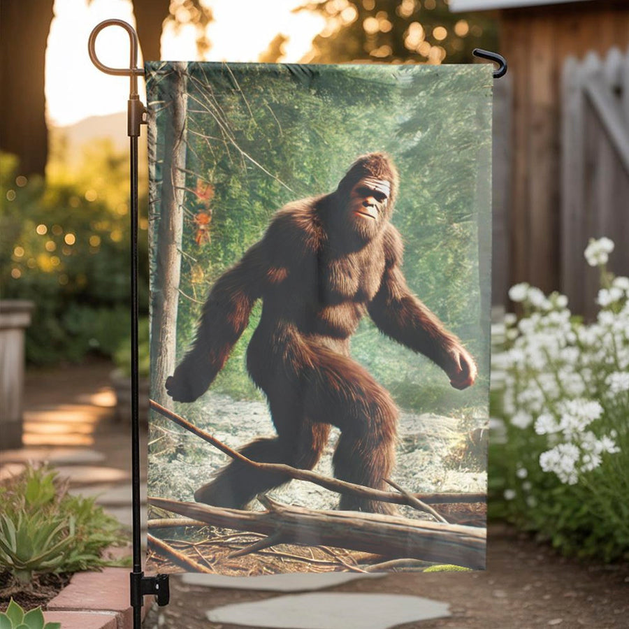 Bigfoot Garden Flag | Sasquatch Walking in Woods Scene | Weather-Resistant Double Sided Fabric | Funny Outdoor Yard Decor Gift for Believers