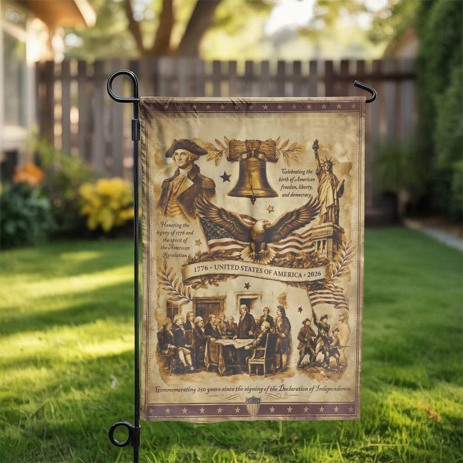 America 250th Anniversary Garden Flag | Vintage 1776 Patriotic Collage | Double Sided Weatherproof Polyester | Commemorative US History Yard Decor Gift