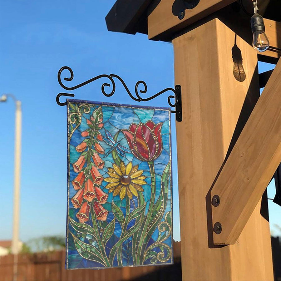 Stained Glass Floral Garden Flag | Dragonfly & Wildflower Mosaic Print | Weather-Resistant Polyester | Outdoor Yard Decor Gift for Gardener
