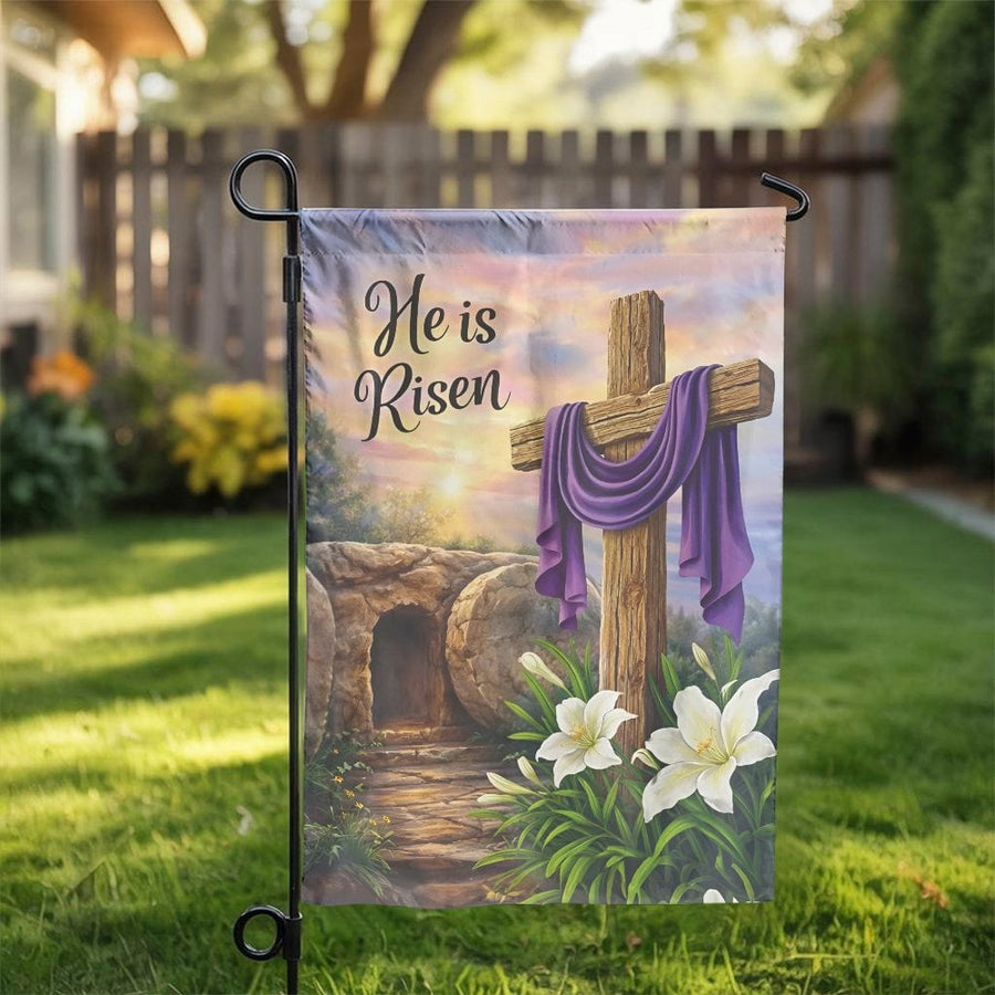 He is Risen Garden Flag | Christian Empty Tomb & Cross | Weather Resistant Double Sided | Religious Spring Yard Decor Gift