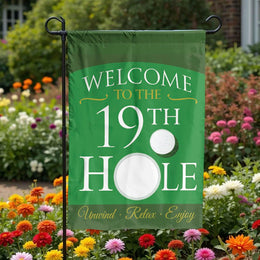 Welcome to the 19th Hole Garden Flag | Double Sided Golf Theme Welcome Sign | Weather Resistant Polyester | Outdoor Decor Gift for Golfer