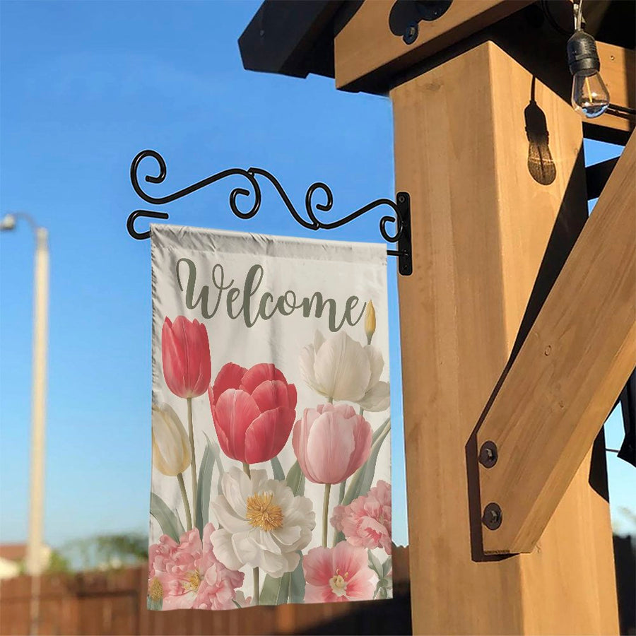 Welcome Garden Flag | Spring Tulips & Peonies Illustration | Double-Sided Polyester Fabric | Seasonal Yard & Porch Decor Gift
