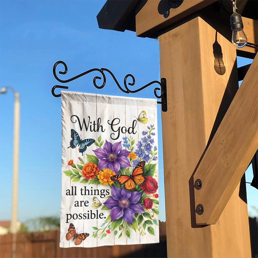 With God All Things Are Possible Garden Flag | Floral Butterfly Yard Decor | Premium Weather-Resistant Fabric | Inspirational Christian Homeowner Gift
