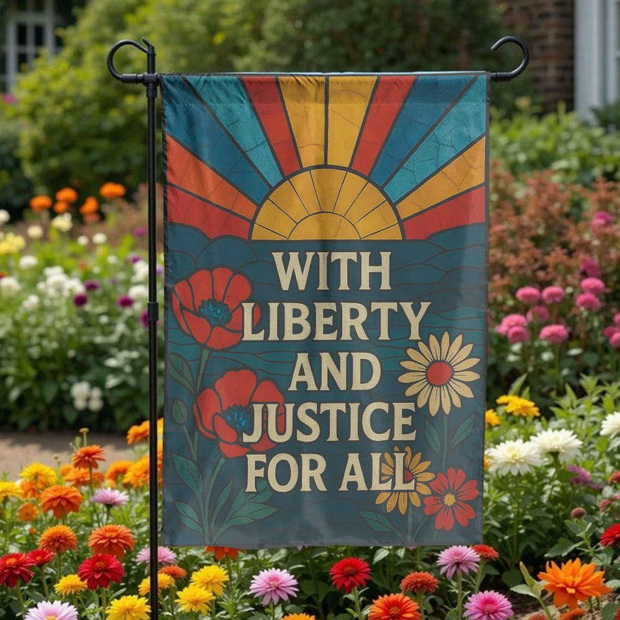Liberty and Justice For All Garden Flag | Retro Floral Sunburst Design | Weather-Resistant Double Sided | Premium Patriotic Yard Decor