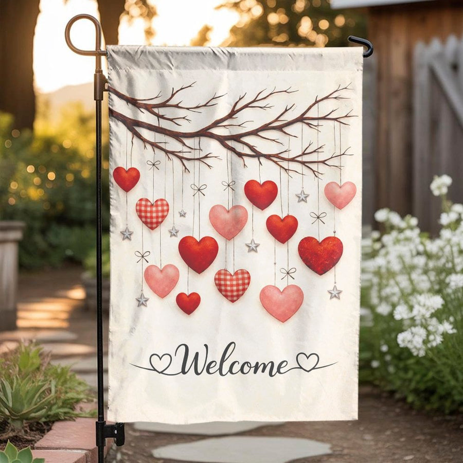 Welcome Garden Flag | Rustic Hanging Hearts Design | Weatherproof Double Sided Banner | Seasonal Yard & Porch Decor Gift