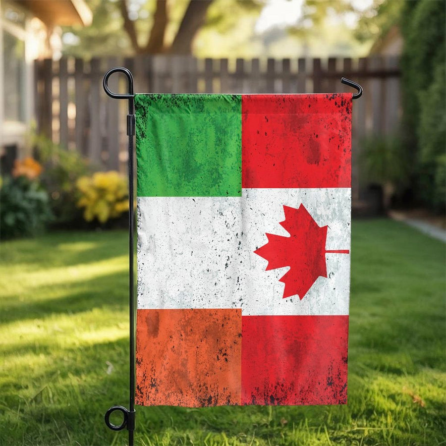 Irish Canadian Heritage Garden Flag | Distressed Split Flag Design | Double Sided Weatherproof Polyester | Outdoor Yard Decor Gift for Dual Citizen