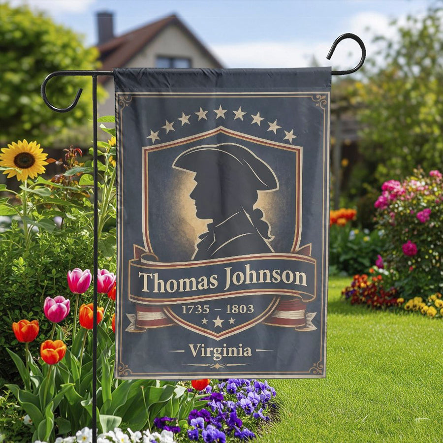 Thomas Johnson Garden Flag | Virginia Founding Father Silhouette | Double Sided Premium Fabric | Collector's Patriotic Yard & Home Decor