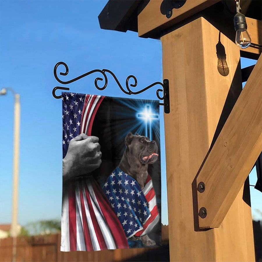 Cane Corso Garden Flag | Patriotic USA Flag with Christian Cross | Double-Sided Polyester | Memorial Gift for Dog Lover