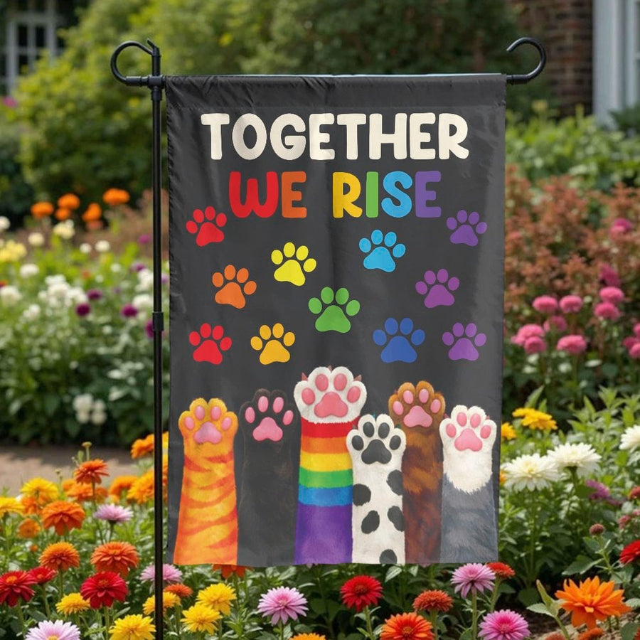 Rainbow Paw Print Garden Flag | Together We Rise Cat & Dog Paws Design | Double-Sided Polyester | LGBTQ Ally Pride Month Yard Decor Gift
