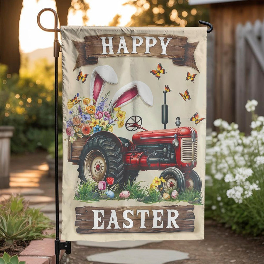 Happy Easter Garden Flag | Vintage Tractor with Bunny Ears & Flowers | Double Sided Polyester | Spring Farmhouse Yard Decor Gift