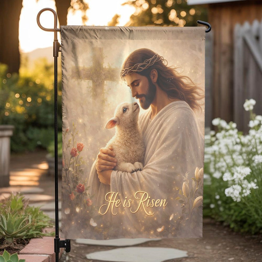 He is Risen Garden Flag | Jesus Holding Lamb with Cross Art | Weather-Resistant Double Sided | Christian Easter Home Decor Gift