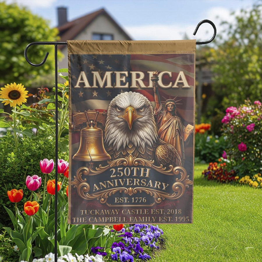 America 250th Anniversary Garden Flag | Patriotic Eagle & Liberty Bell | Double Sided Weather Resistant Fabric | Commemorative Yard Decor Gift