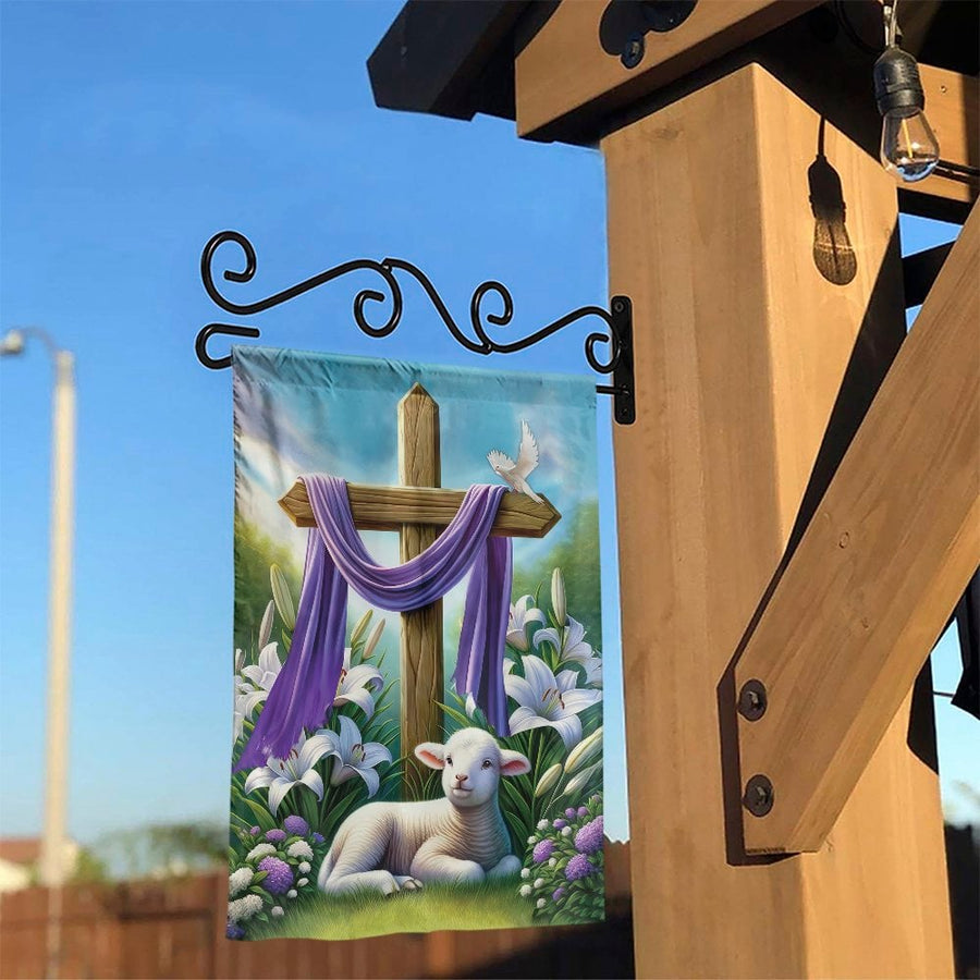 Easter Garden Flag | Lamb of God and Cross Scene | Double Sided Weather-Resistant Fabric | Christian Religious Yard Decor Gift