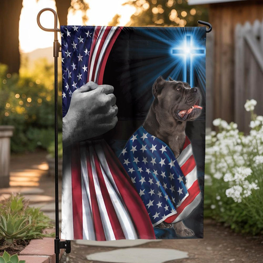Cane Corso Garden Flag | Patriotic USA Flag with Christian Cross | Double-Sided Polyester | Memorial Gift for Dog Lover
