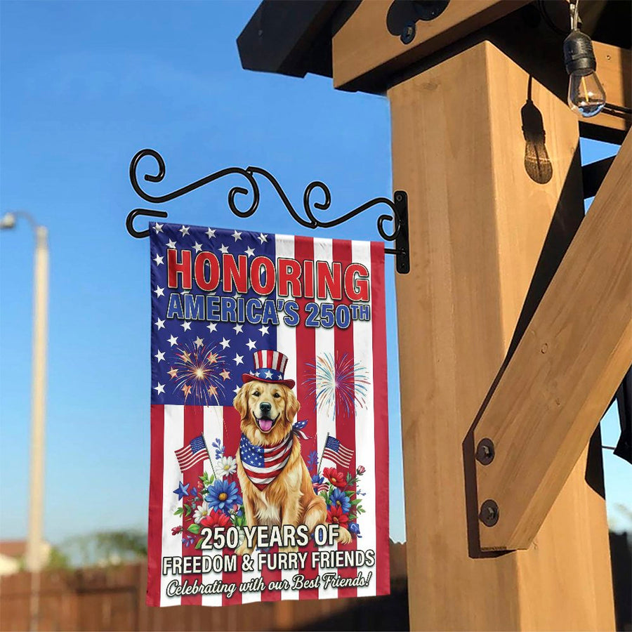 Patriotic USA 250th Anniversary Garden Flag | Golden Retriever & Furry Friends Design | Double Sided Polyester | Outdoor Decor Gift for Dog Lovers