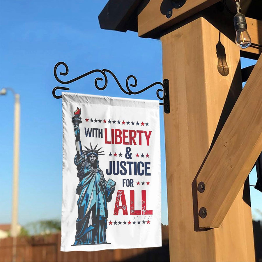 Statue of Liberty Garden Flag | Liberty & Justice For All Quote | Double Sided Polyester | Premium Patriotic Home Decor Gift