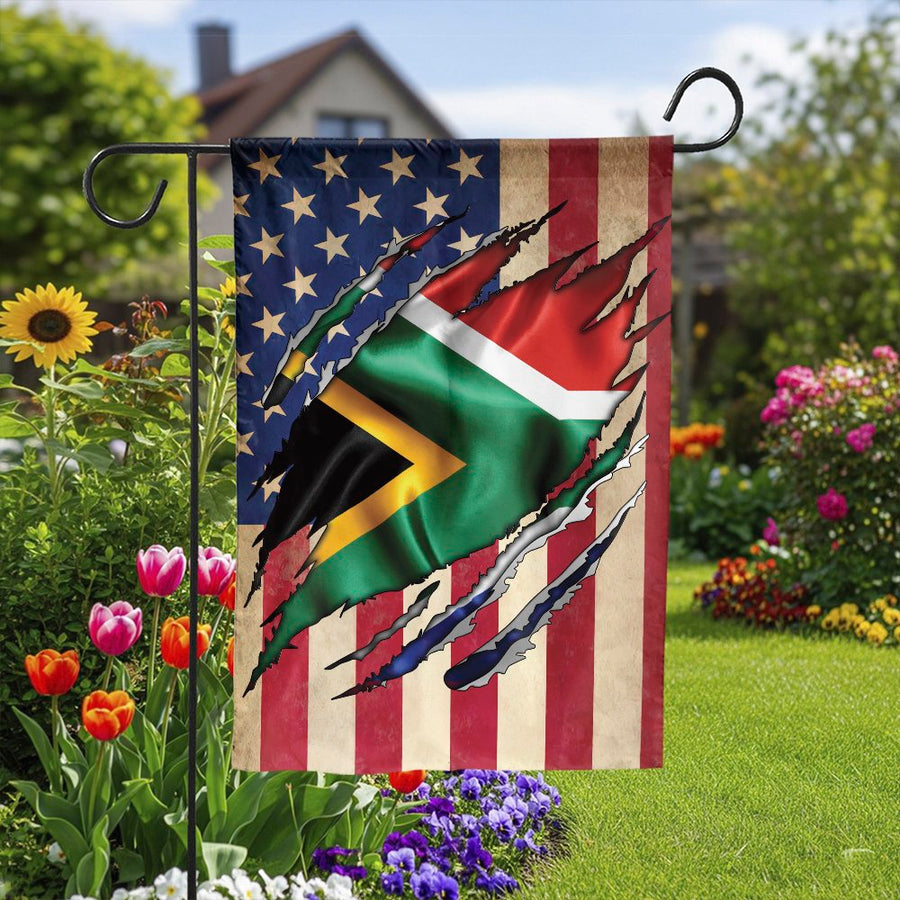 South African American Garden Flag | Dual Heritage Torn Flag Design | Double-Sided Weatherproof Polyester | Premium Gift for South African Immigrant