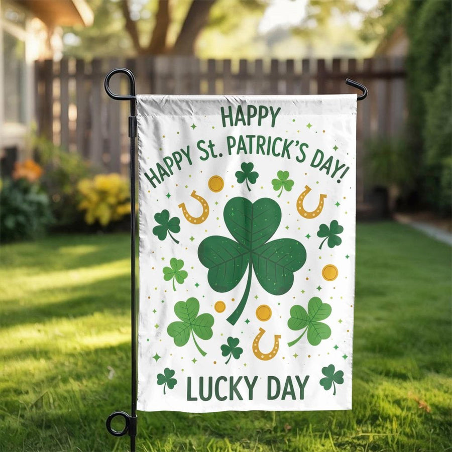 St Patrick's Day Garden Flag | Lucky Shamrock & Horseshoe Print | Double Sided Weatherproof Banner | Premium Irish Holiday Home Decor