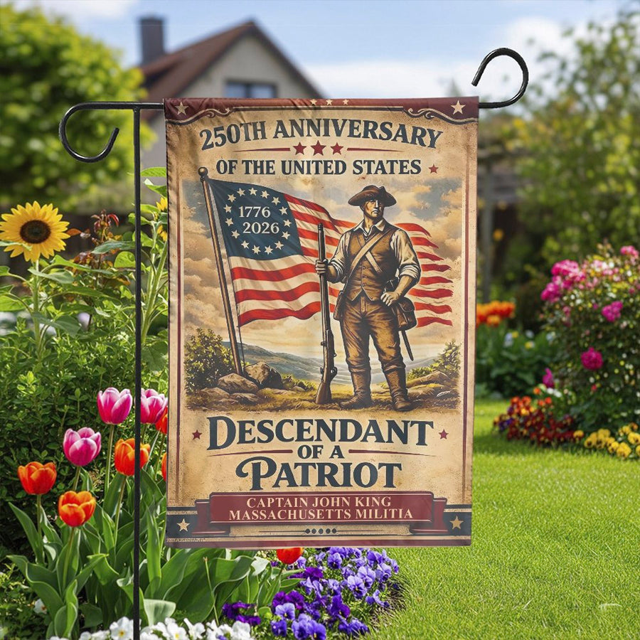 US 250th Anniversary Garden Flag | Descendant of a Patriot Design | Weather-Resistant Polyester | Commemorative Gift for History Buffs