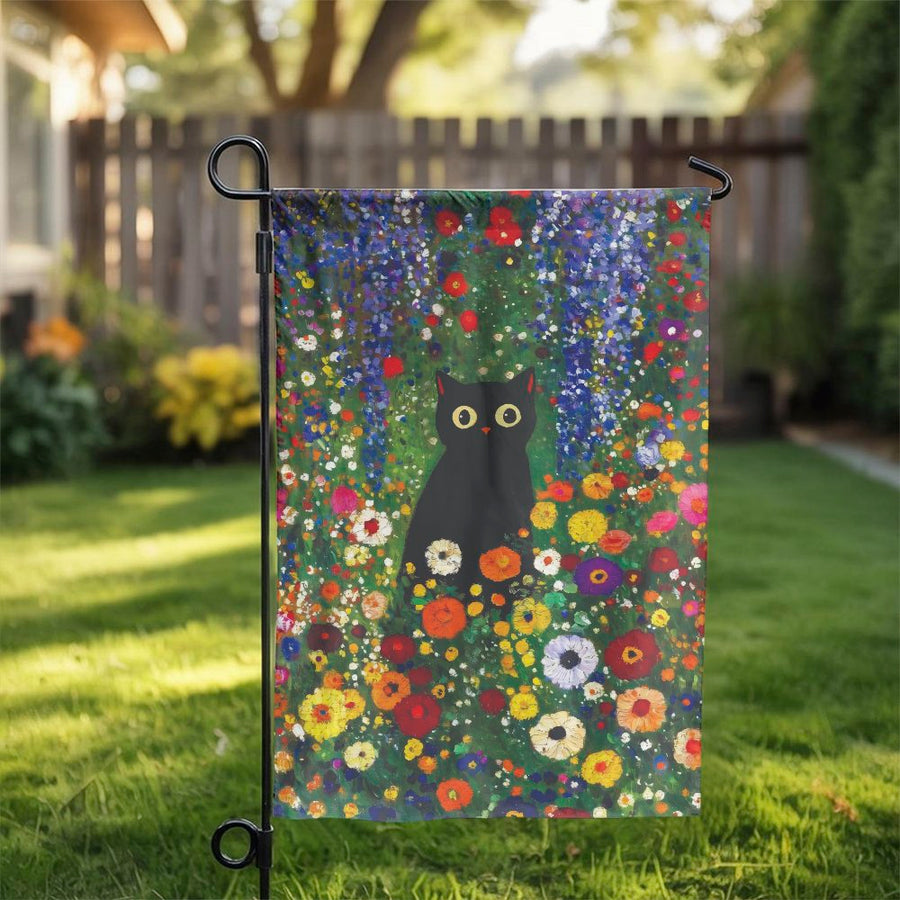 Black Cat Garden Flag | Artistic Floral Meadow Print | Double Sided Weather Resistant Polyester | Unique Gift for Cat Lover