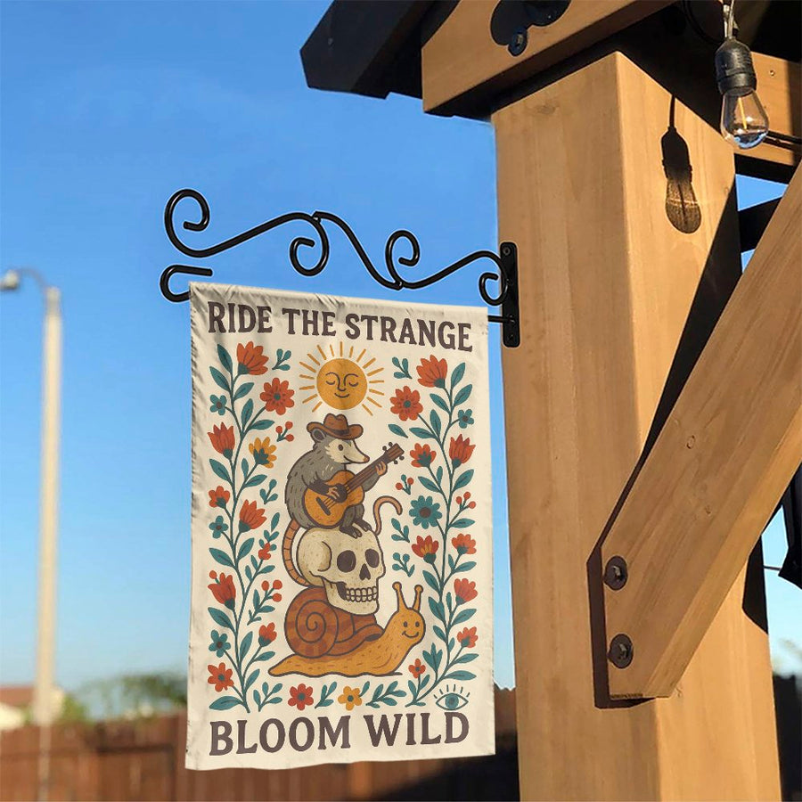 Funny Possum Garden Flag | Ride The Strange Retro Opossum & Skull Design | Double Sided Weather-Resistant Fabric | Unique Outdoor Yard Decor Gift