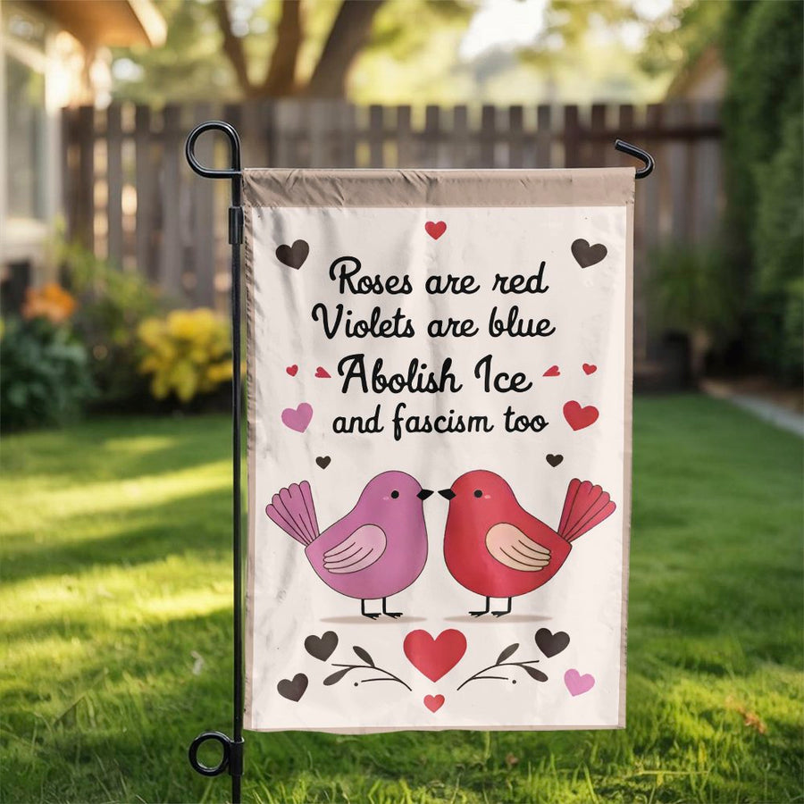 Abolish Ice Garden Flag | Anti-Fascist Political Statement with Lovebirds | Double-Sided Premium Polyester | Progressive Yard Decor Gift
