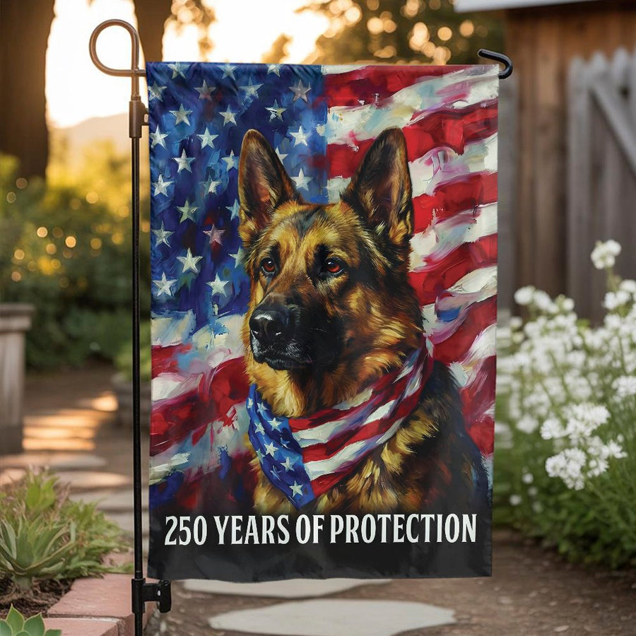Patriotic German Shepherd Garden Flag | 250th Anniversary USA Flag Art | Double Sided Weather-Resistant Fabric | Memorial Gift for K9 Handler & Veterans