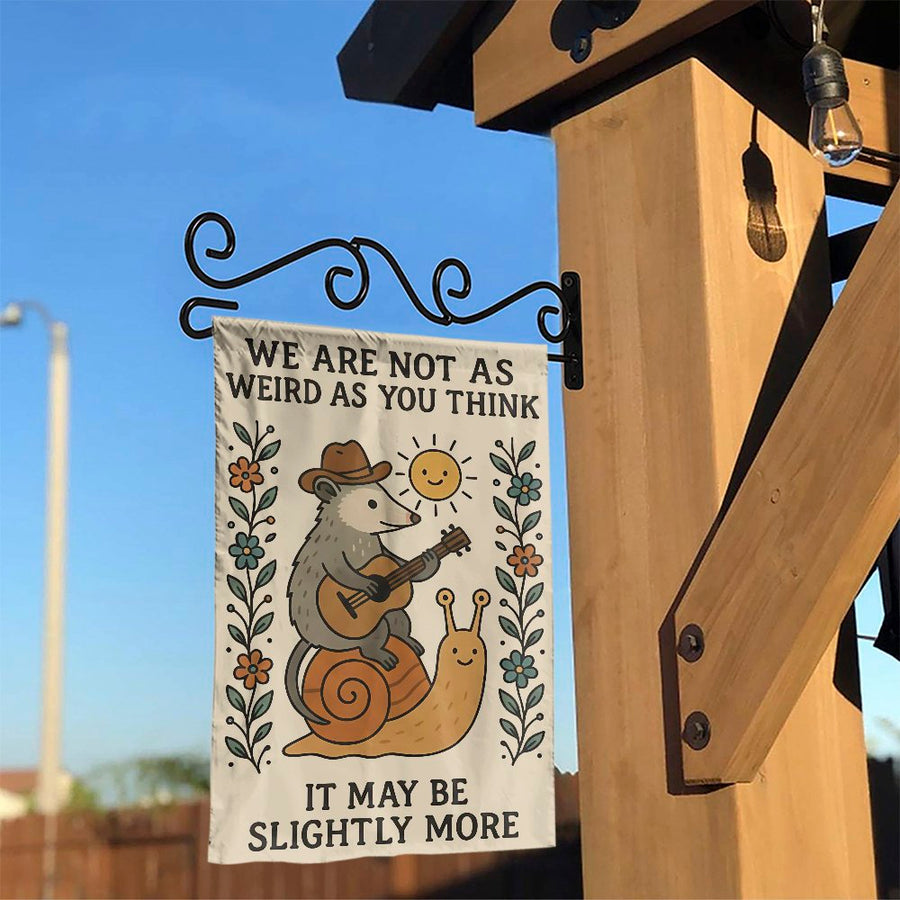 Funny Opossum Garden Flag | We Are Not As Weird As You Think Quote | Double Sided Weatherproof Yard Banner | Quirky Housewarming Gift