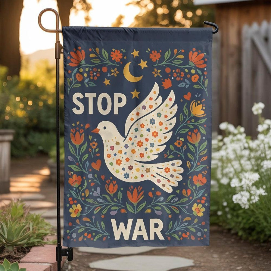 Stop War Peace Dove Garden Flag | Folk Art Floral Design | Double Sided Weather Resistant Polyester | Outdoor Peace Statement Decor