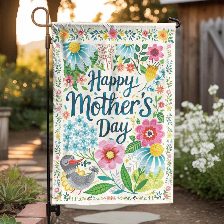 Happy Mother's Day Garden Flag | Colorful Floral Bird Design | Weather Resistant Outdoor Banner | Yard Decor Gift for Mom