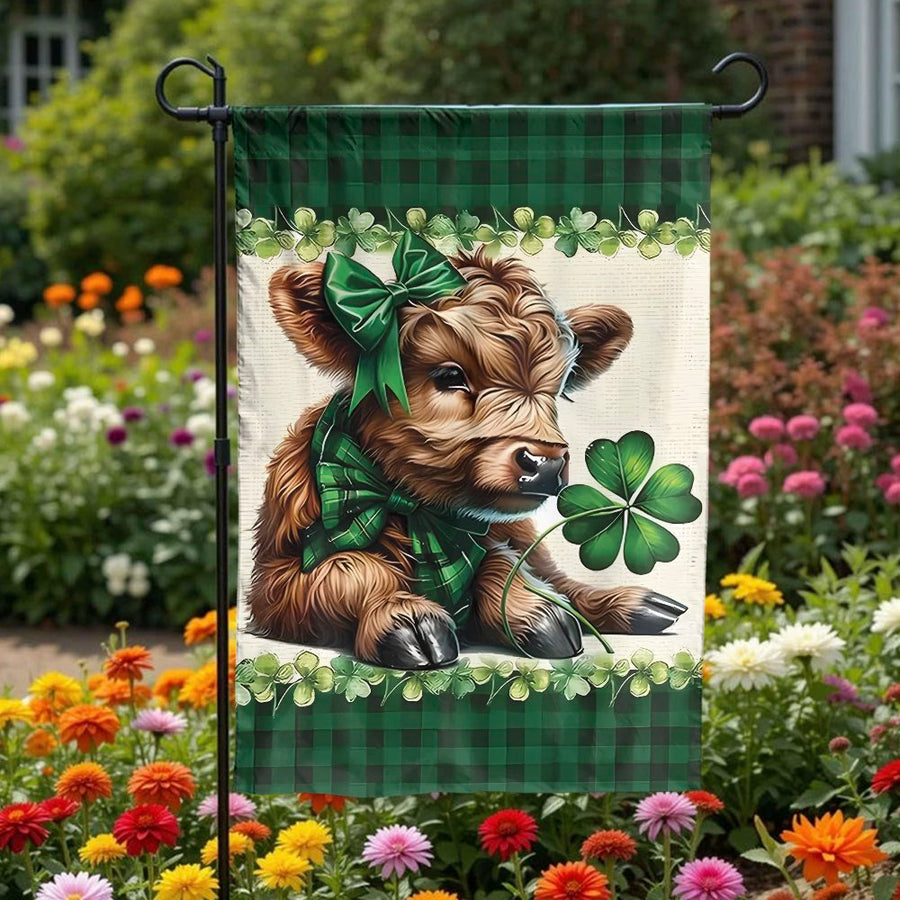 St Patrick's Day Garden Flag | Cute Highland Cow with Four Leaf Clover | Double Sided Polyester | Seasonal Farmhouse Yard Decor Gift
