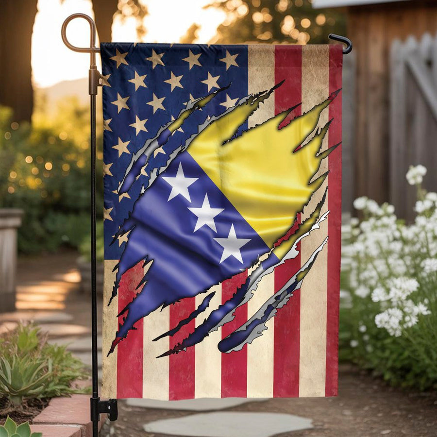 Bosnian American Garden Flag | Distressed USA Flag with Bosnia Reveal | Weather-Resistant Polyester | Premium Yard Decor Gift for Bosnian-Americans
