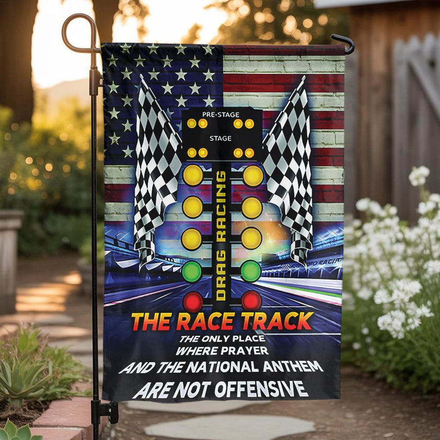 Drag Racing Garden Flag | Race Track Prayer and Anthem Quote | Double-Sided Weatherproof Banner | Gift for Drag Racing Fan