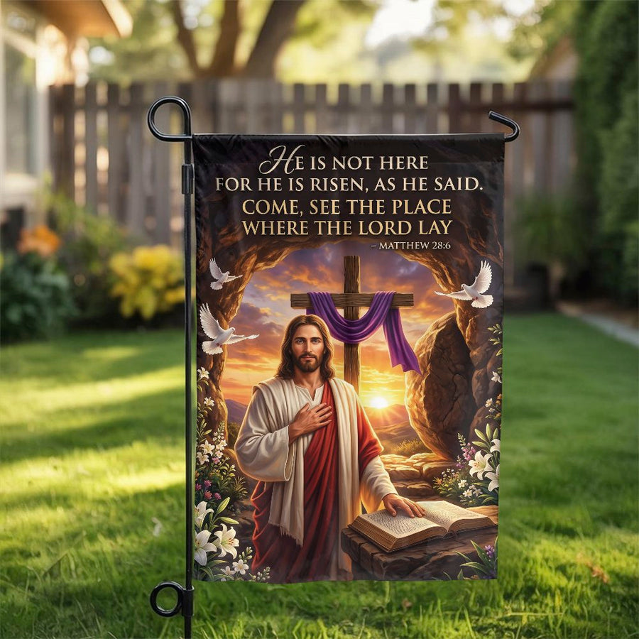 He is Risen Christian Garden Flag | Jesus Empty Tomb & Cross Design | Double Sided Premium Polyester | Religious Gift & Easter Yard Decor
