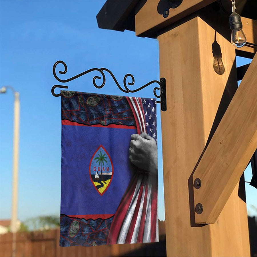 Guam Heritage Garden Flag | Guam Flag Revealed Behind USA Flag | Double Sided Weather Resistant Fabric | Patriotic Gift for Guamanian American