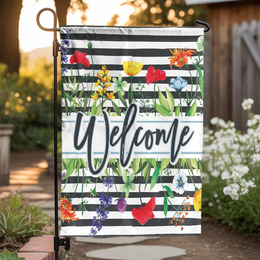 Welcome Garden Flag | Double Sided Wildflower & Stripes Design | Weather Resistant Polyester | Outdoor Decor for Front Porch & Patio