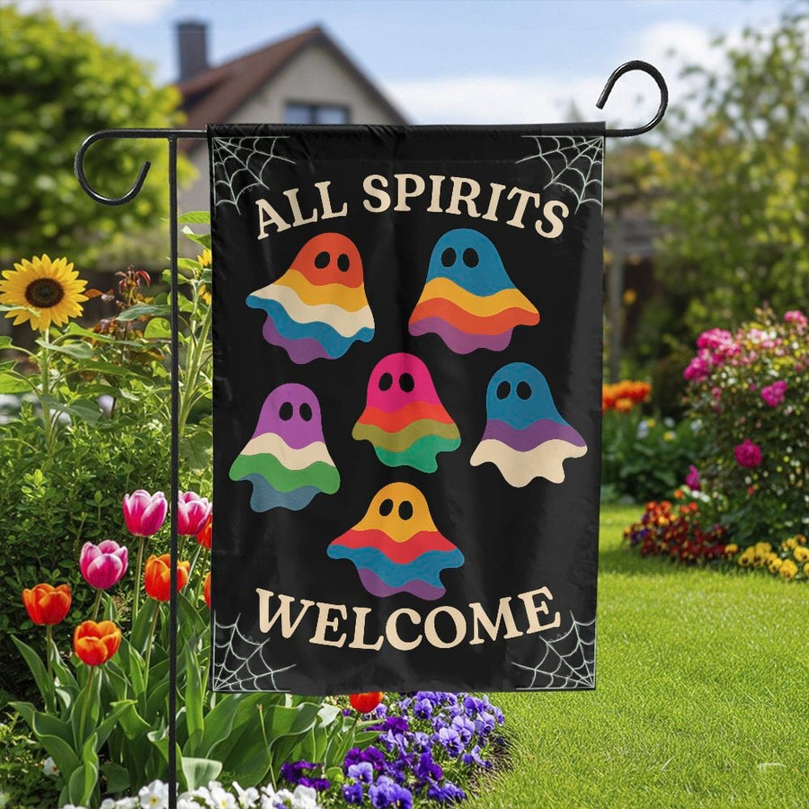 All Spirits Welcome Garden Flag | Cute Rainbow Ghost Design | Double-Sided Weather Resistant | Outdoor Halloween Yard Decor Gift